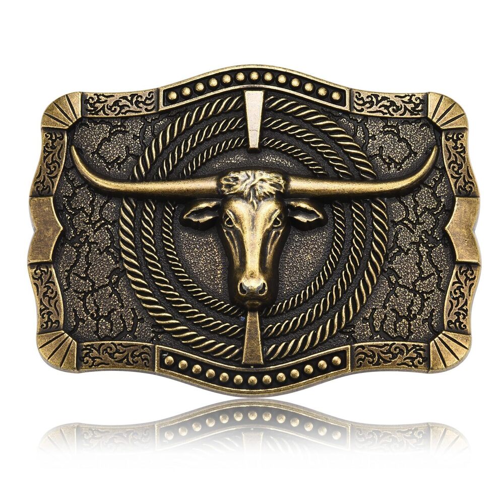 5225 Western Belt Buckle , Cowboy Antique Brass Longhornn Bull Belt Buckles